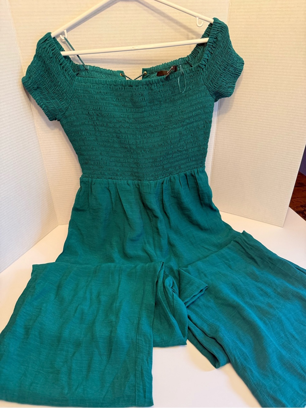 Guess Teal Off-Shoulder Smocked Jumpsuit Linen type material. New with tags